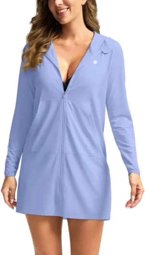 Women's UPF 50  Swim Cover Up Sun Protection Hoodie Long Jacket SPF Lightweight Beach Cover Ups for Women