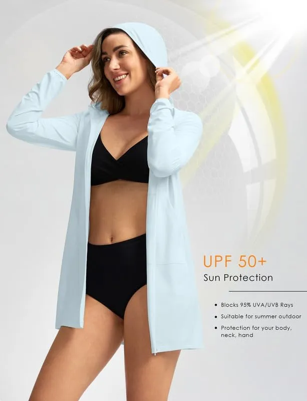 Women's UPF 50  Swim Cover Up Sun Protection Hoodie Long Jacket SPF Lightweight Beach Cover Ups for Women