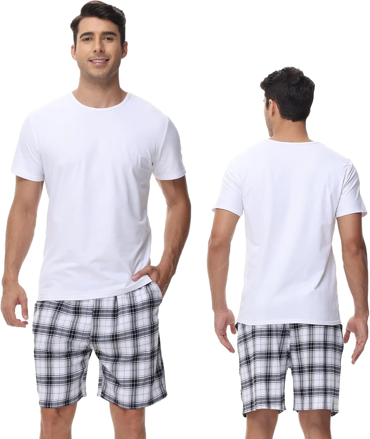yuyangdpb Men's 3-Pack Woven Pajama Short Cotton Plaid Sleepwear Shorts Button Open Fly with Pockets