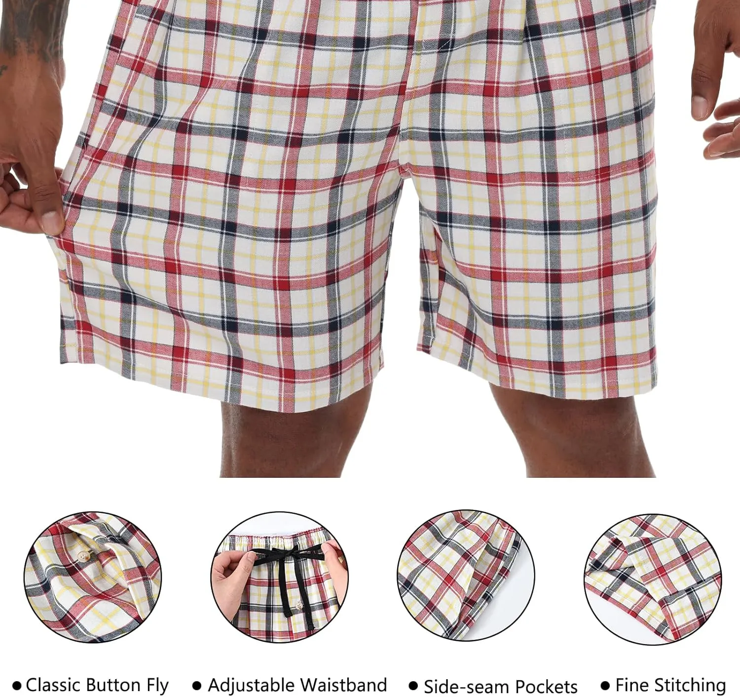yuyangdpb Men's 3-Pack Woven Pajama Short Cotton Plaid Sleepwear Shorts Button Open Fly with Pockets