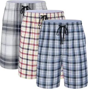 yuyangdpb Men's 3-Pack Woven Pajama Short Cotton Plaid Sleepwear Shorts Button Open Fly with Pockets