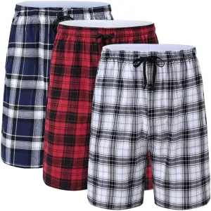 yuyangdpb Men's 3-Pack Woven Pajama Short Cotton Plaid Sleepwear Shorts Button Open Fly with Pockets