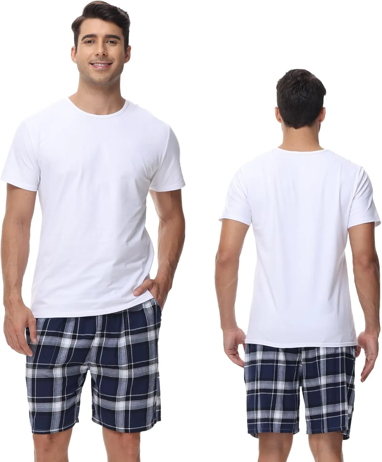 yuyangdpb Men's 3-Pack Woven Pajama Short Cotton Plaid Sleepwear Shorts Button Open Fly with Pockets