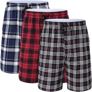 yuyangdpb Men's 3-Pack Woven Pajama Short Cotton Plaid Sleepwear Shorts Button Open Fly with Pockets
