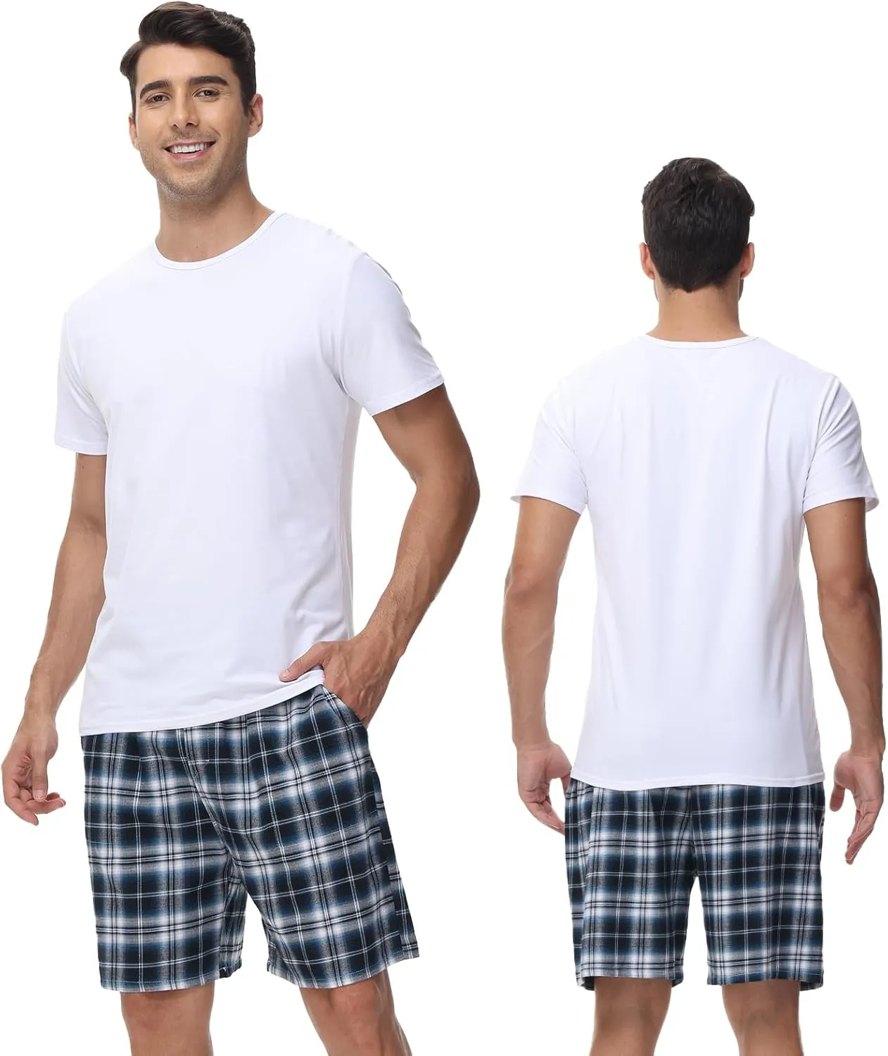 yuyangdpb Men's 3-Pack Woven Pajama Short Cotton Plaid Sleepwear Shorts Button Open Fly with Pockets