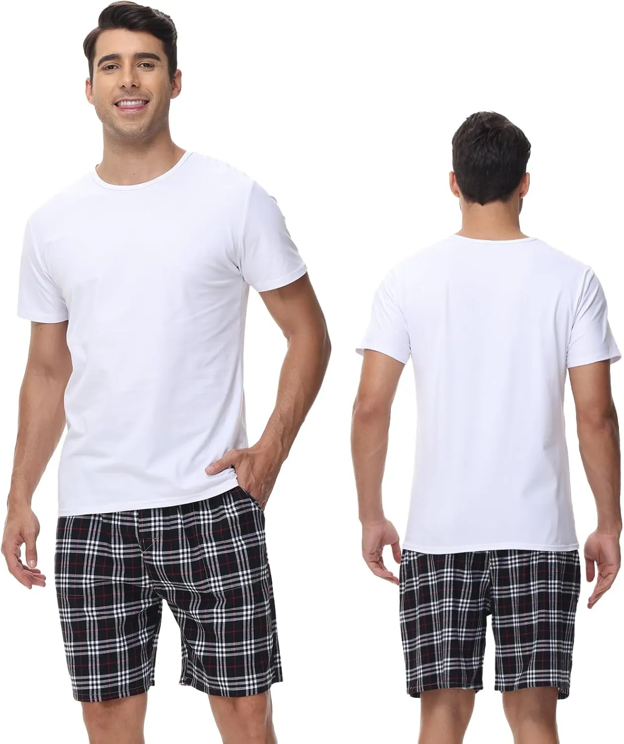 yuyangdpb Men's 3-Pack Woven Pajama Short Cotton Plaid Sleepwear Shorts Button Open Fly with Pockets