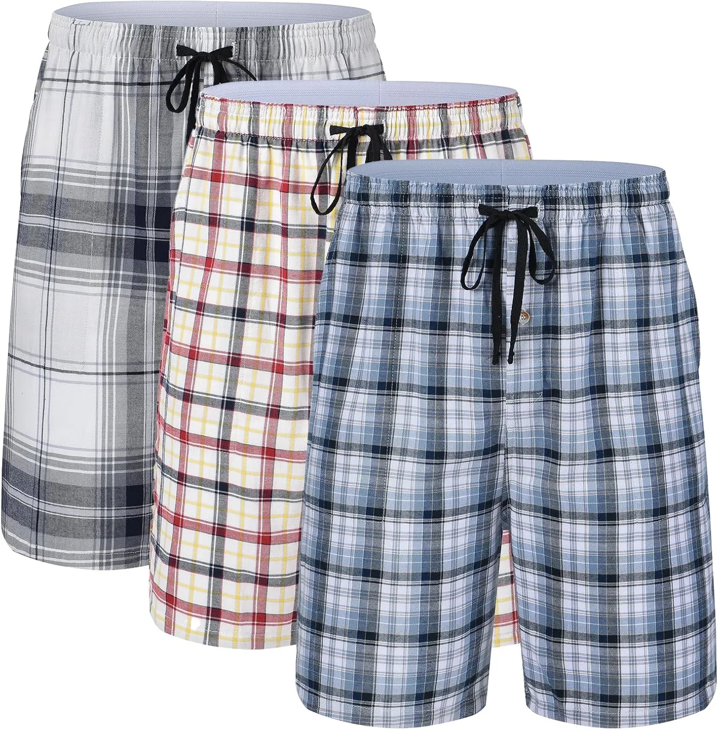 yuyangdpb Men's 3-Pack Woven Pajama Short Cotton Plaid Sleepwear Shorts Button Open Fly with Pockets